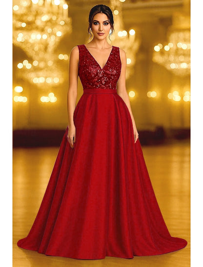V-Neck Sleeveless Sequins Applique A-Line Evening Dress Mother of the Bride Dresses