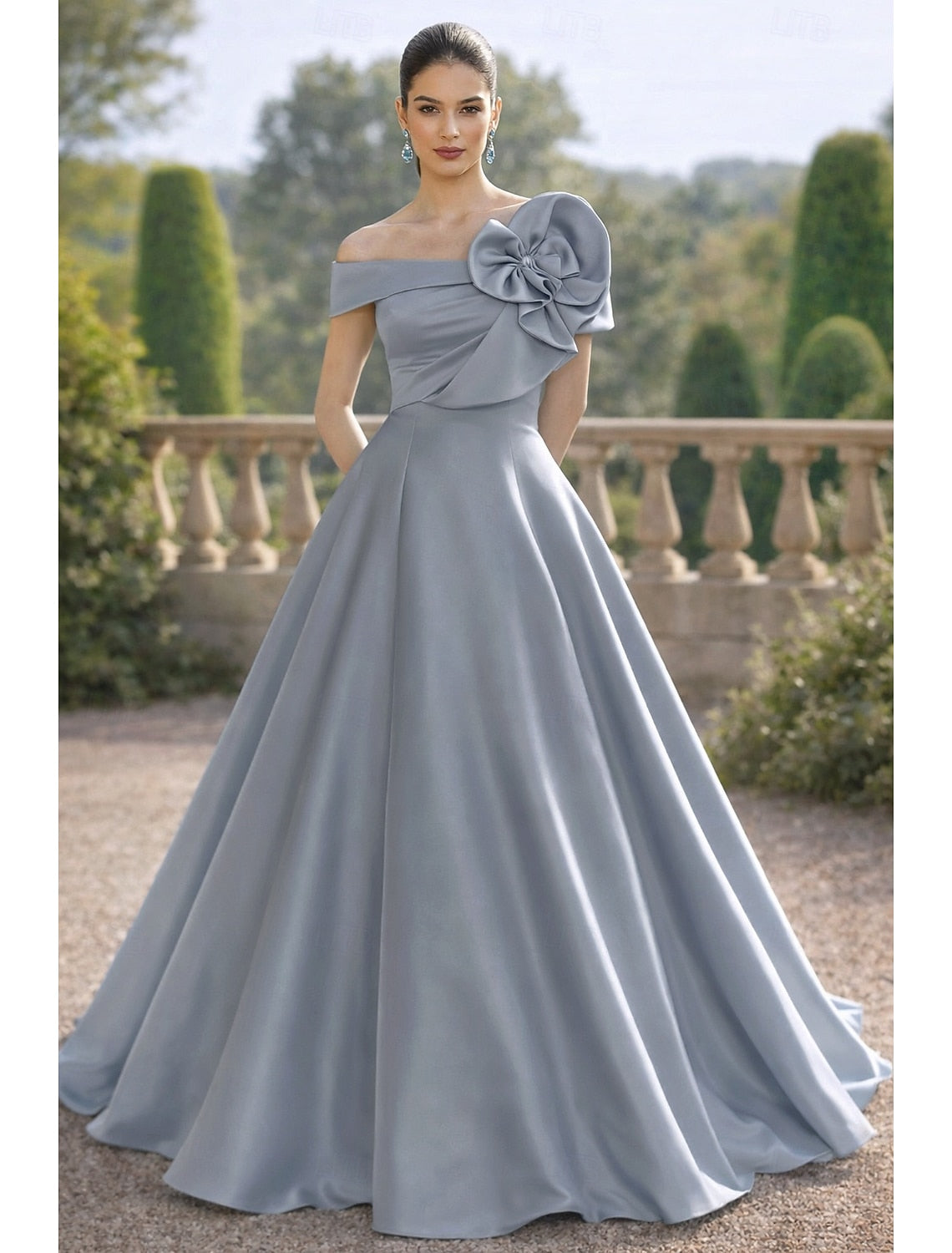 Off the Shoulder Sleeveless Flowers A-Line Evening Dress