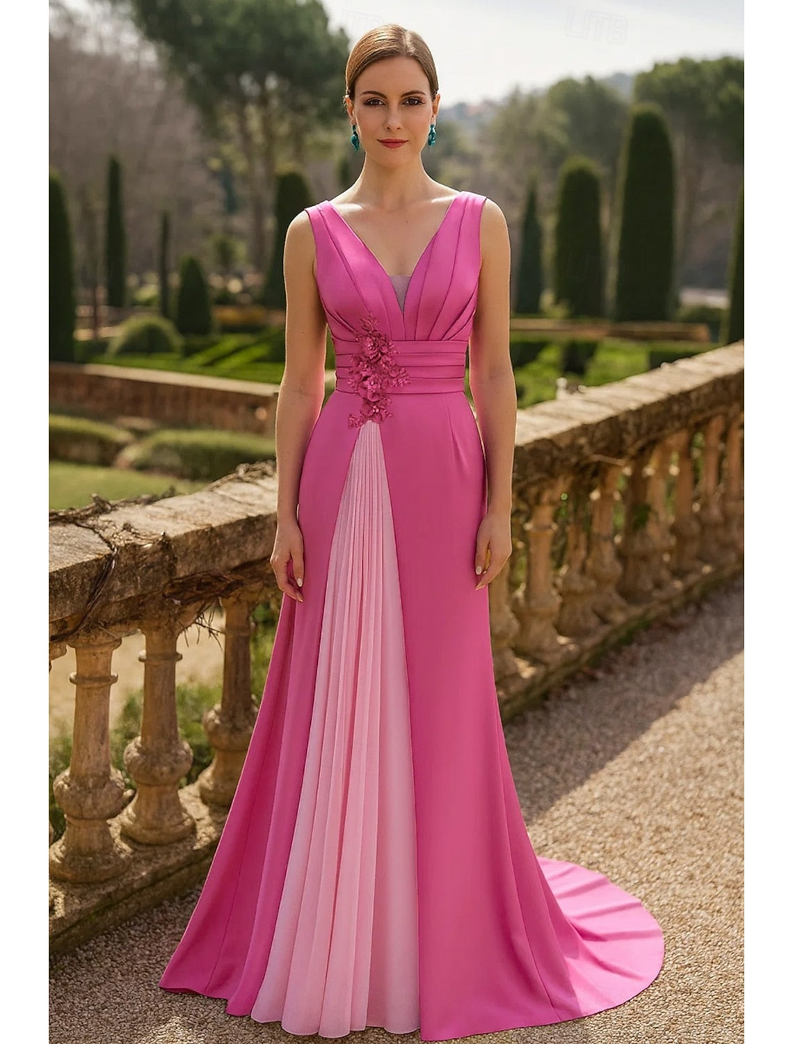 Pink V-Neck Sleeveless Backless A-Line Floor-Length Evening Dress