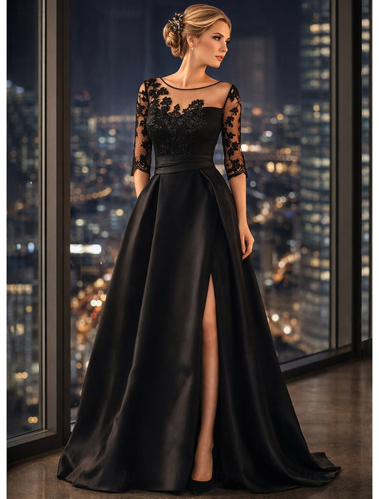 Black 3/4 Sleeve Applique A-Line Side Slit Floor-Length Evening Dress
