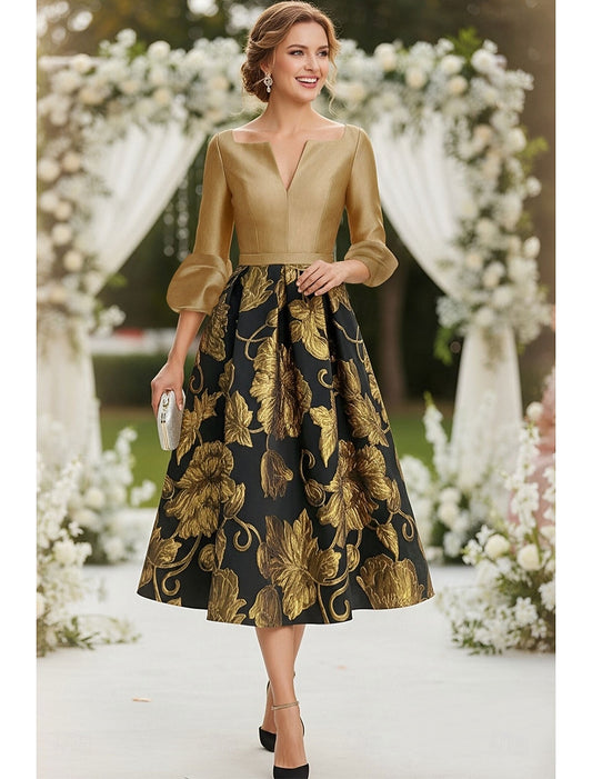 V-Neck 3/4 Sleeve A-Line Flowers Floral Print Tea-Length Evening Dress