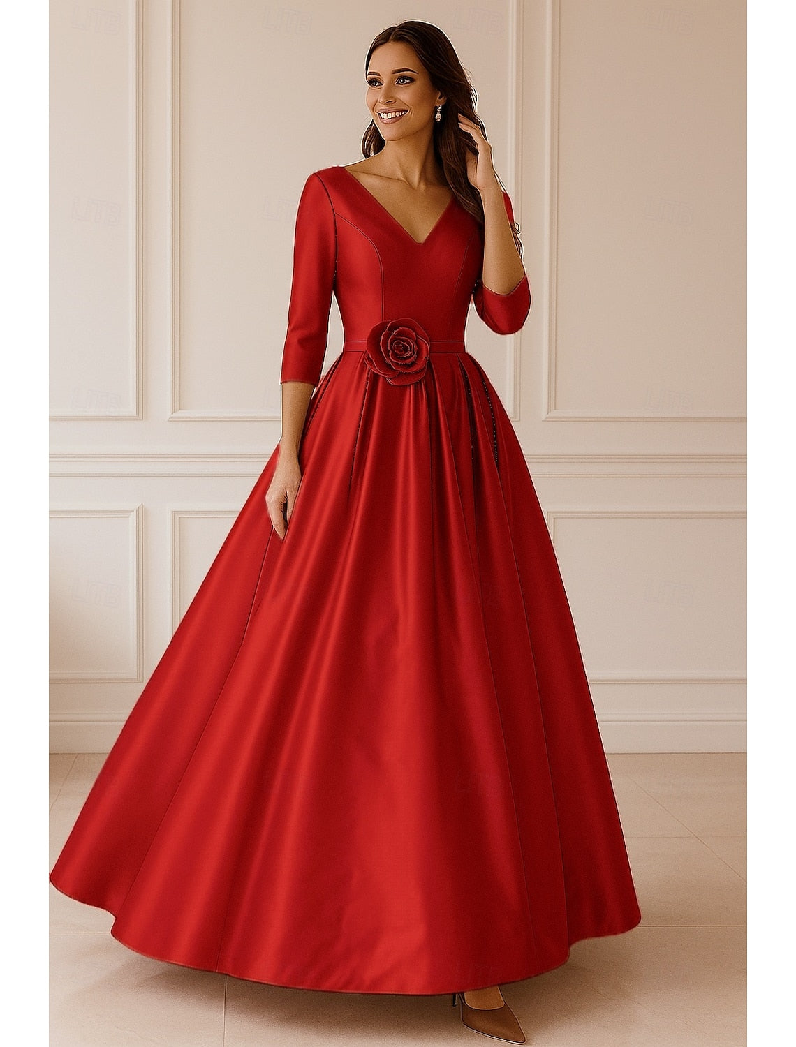 V-Neck 3/4 Sleeve Flowers A-Line Formal Evening Dress