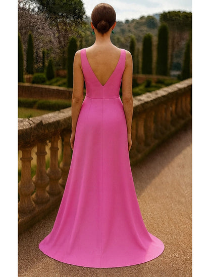 Pink V-Neck Sleeveless Backless A-Line Floor-Length Evening Dress