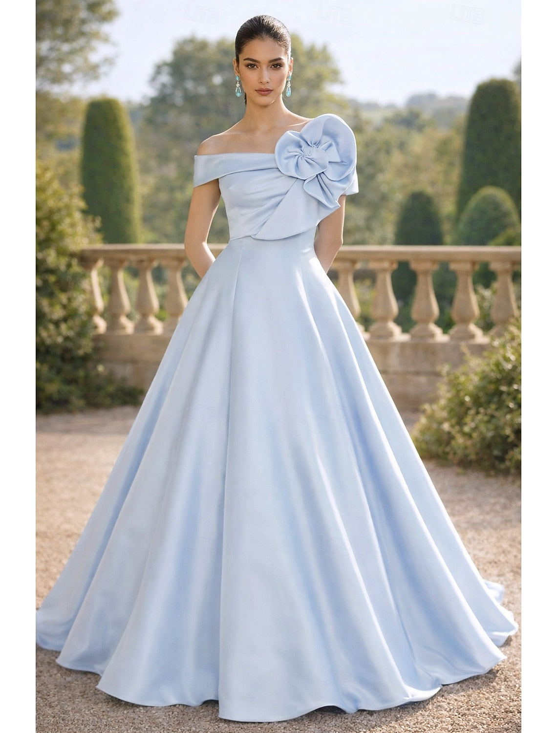 Off the Shoulder Sleeveless Flowers A-Line Evening Dress