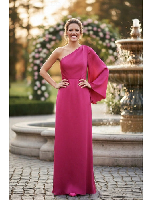 Simple Fuchsia One Shoulder Long Sleeve Mermaid Formal Evening Dress