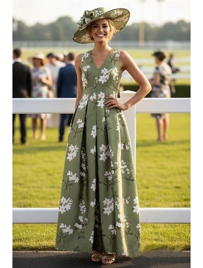 Green V-Neck Sleeveless A-Line Floral Print Flowers Evening Dress