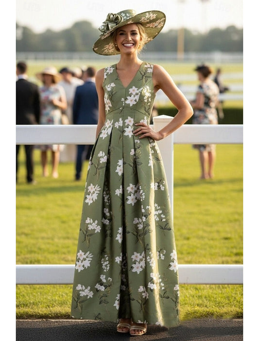 Green V-Neck Sleeveless A-Line Floral Print Flowers Evening Dress