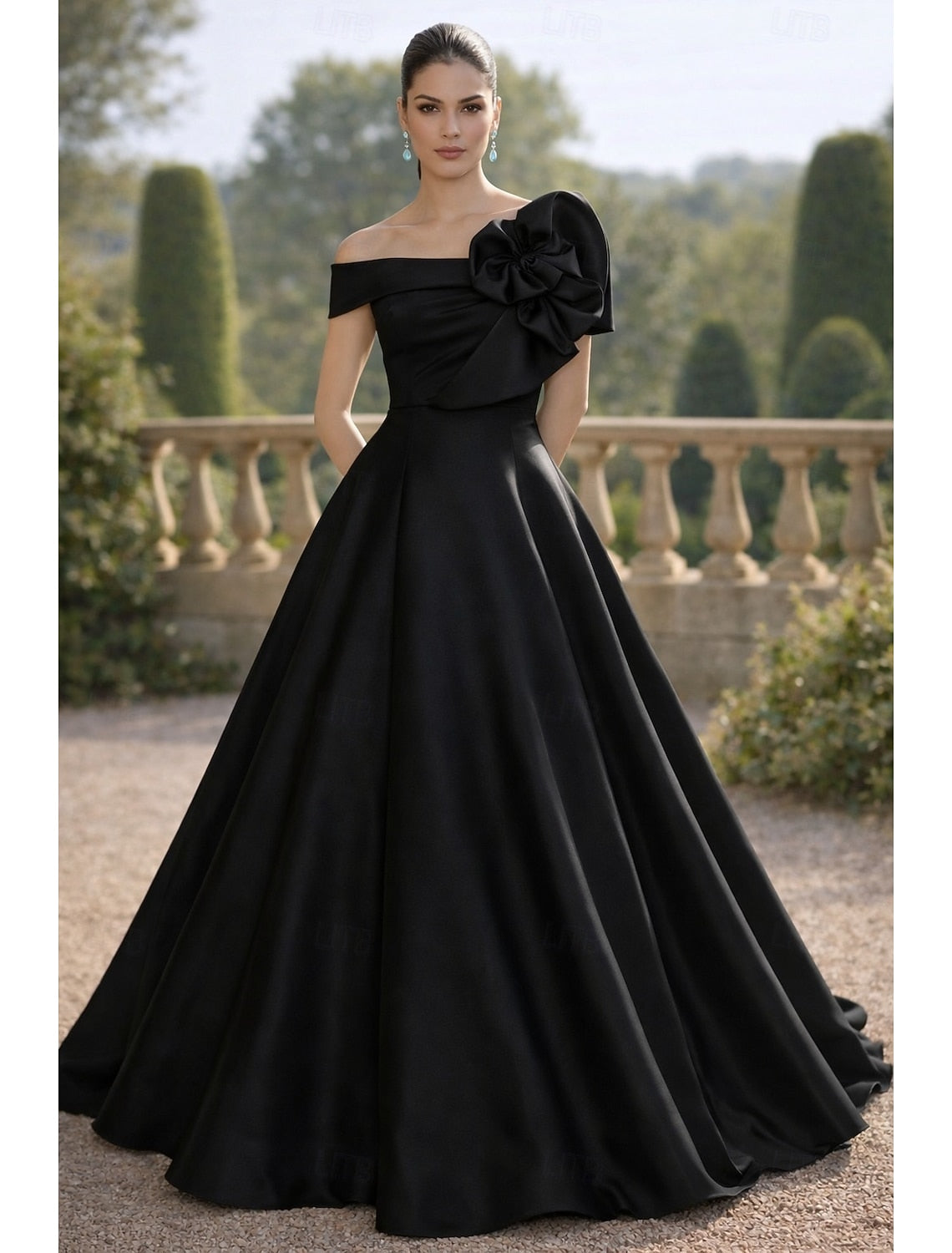 Off the Shoulder Sleeveless Flowers A-Line Evening Dress