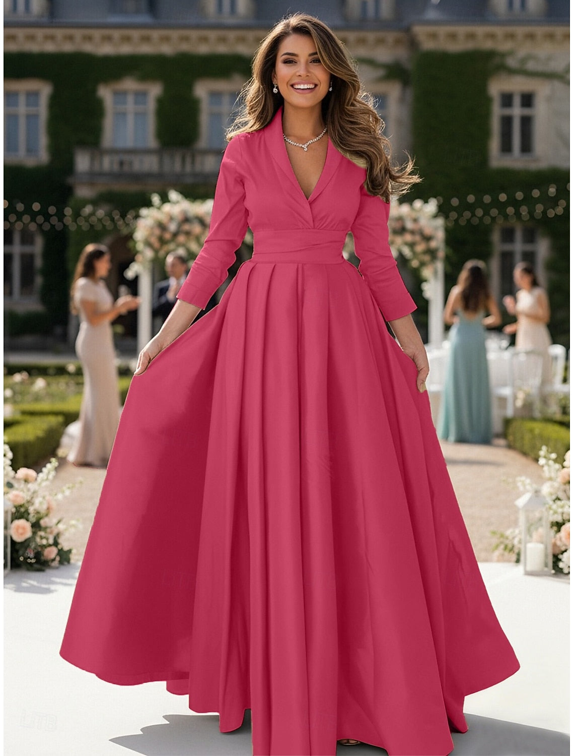 Fuchsia V-Neck Long Sleeve A-Line Formal Evening Dress