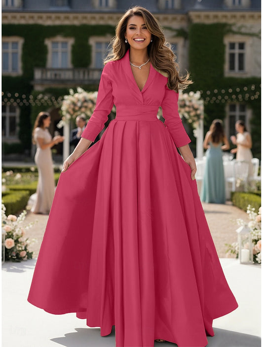 Fuchsia V-Neck Long Sleeve A-Line Formal Evening Dress