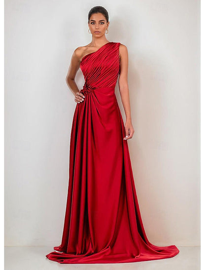 One Shoulder Sleeveless A-Line Floor-Length Evening Dress