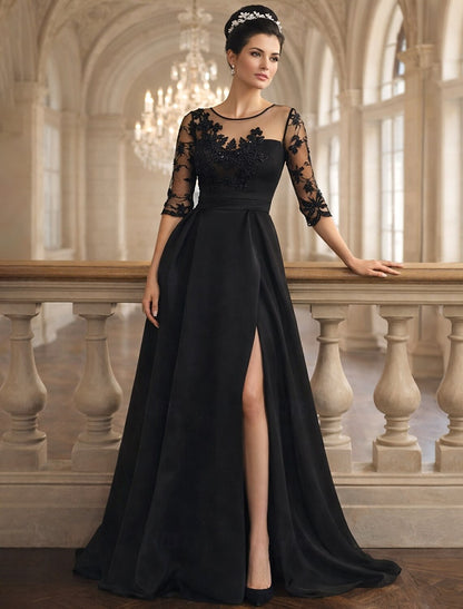Black 3/4 Sleeve Applique A-Line Side Slit Floor-Length Evening Dress