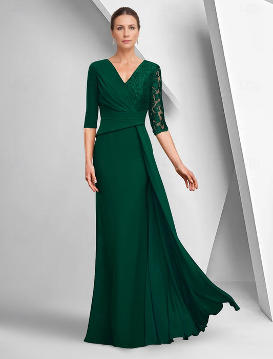 V-Neck 3/4 Sleeve Lace Mermaid Formal Wmen Evening Dress