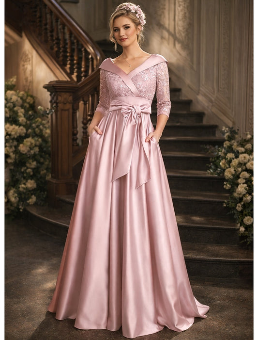V-Neck 3/4 Sleeve Bow A-Line Lace Floor-Length Evening Dress