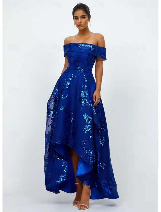 Sparkle Off the Shoulder Flowers Floral Print A-Line Evening Dress