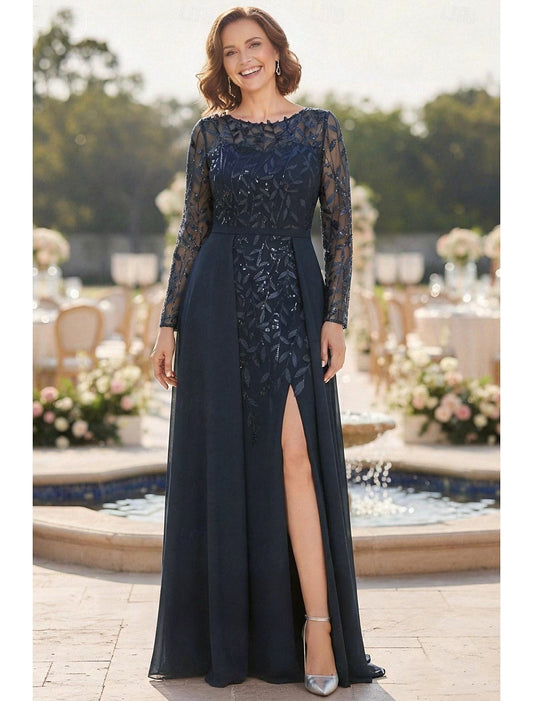 Sequins Sparkle Long Sleeve Mermaid Side Slit Evening Dress