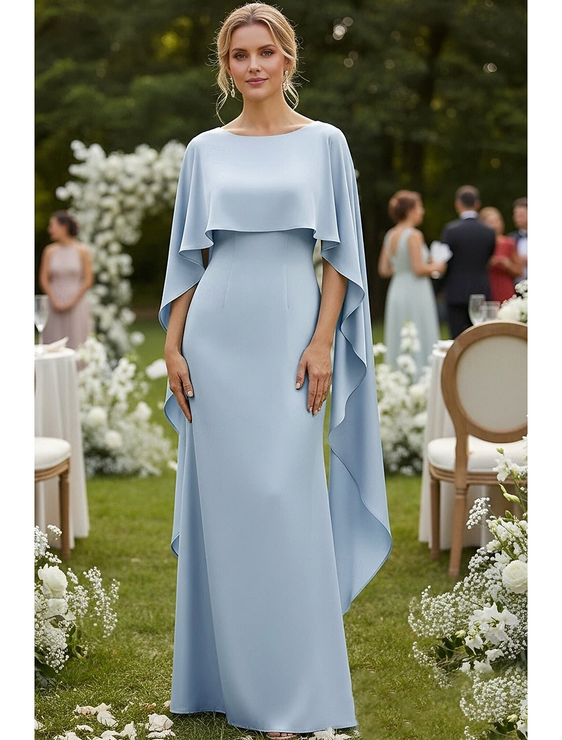 Blue Backless Cape Sleeve Mermaid Ruffle Formal Evening Dress