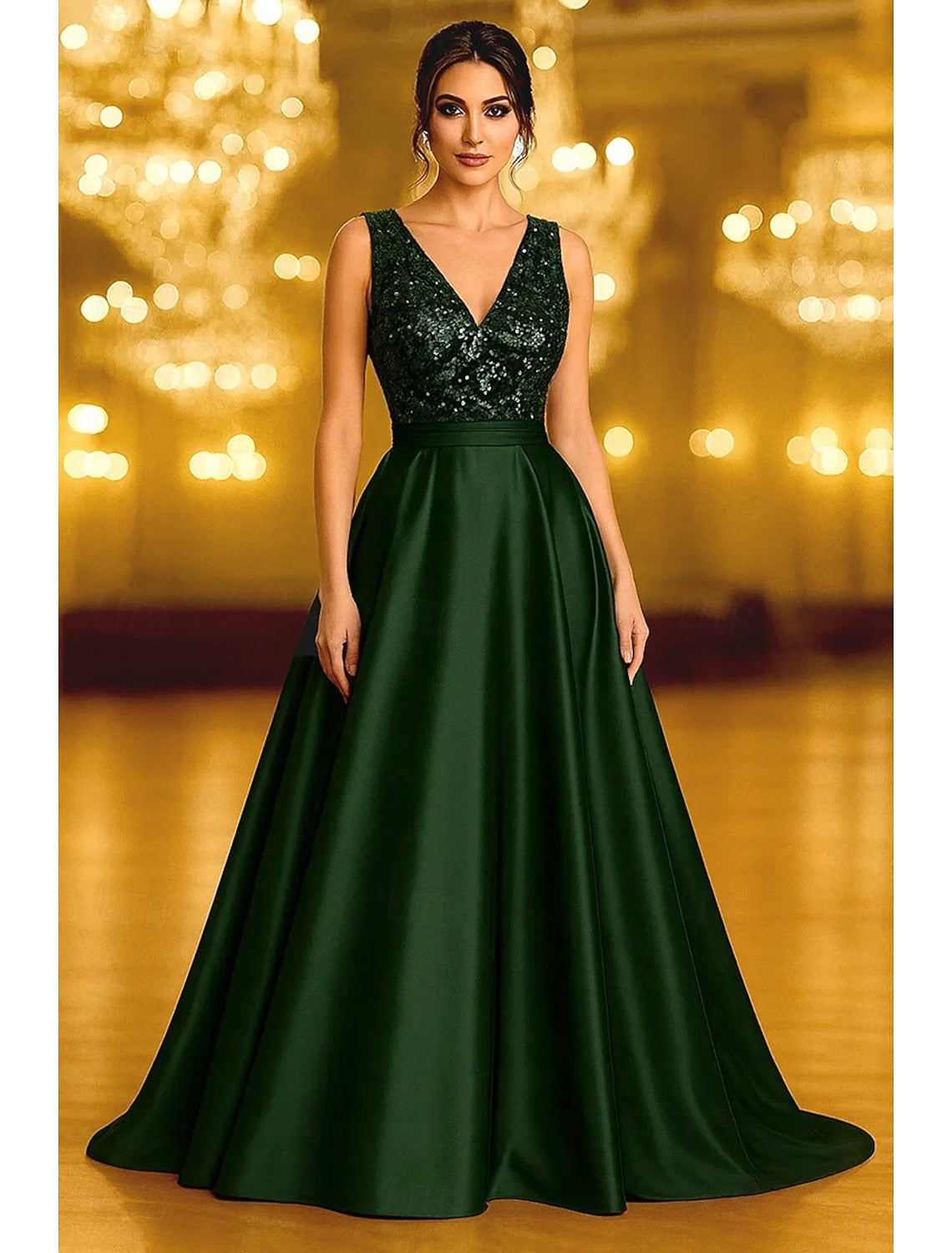 V-Neck Sleeveless Sequins Applique A-Line Evening Dress Mother of the Bride Dresses
