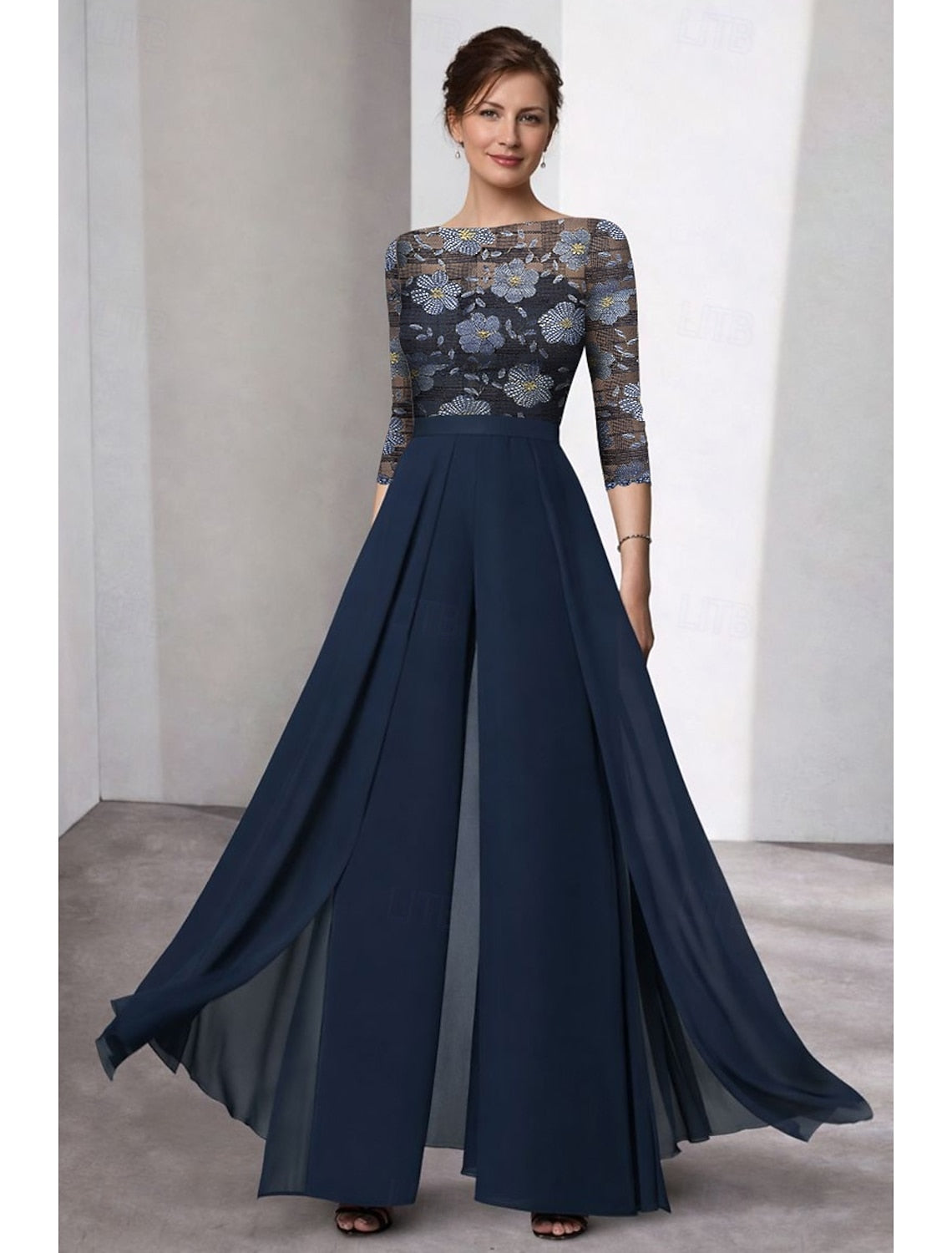 Floral Print Flowers 3/4 Sleeve Court Train Evening Dress