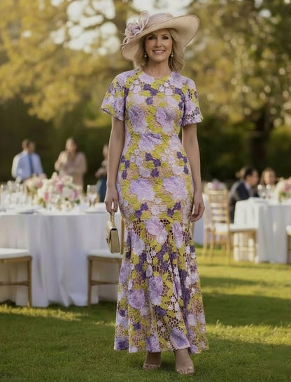 Half Sleeve Flowers Floral Print Mermaid Ankle-Length Evening Dress