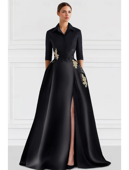 Black 3/4 Sleeve Applique A-Line Side Slit Floor-Length Evening Dressa