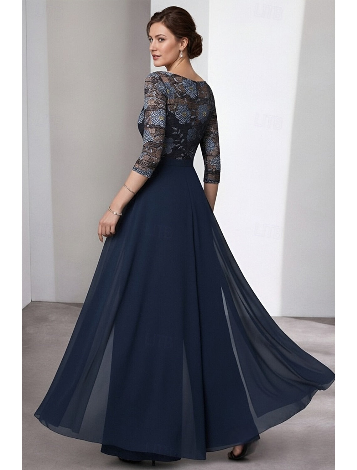 Floral Print Flowers 3/4 Sleeve Court Train Evening Dress