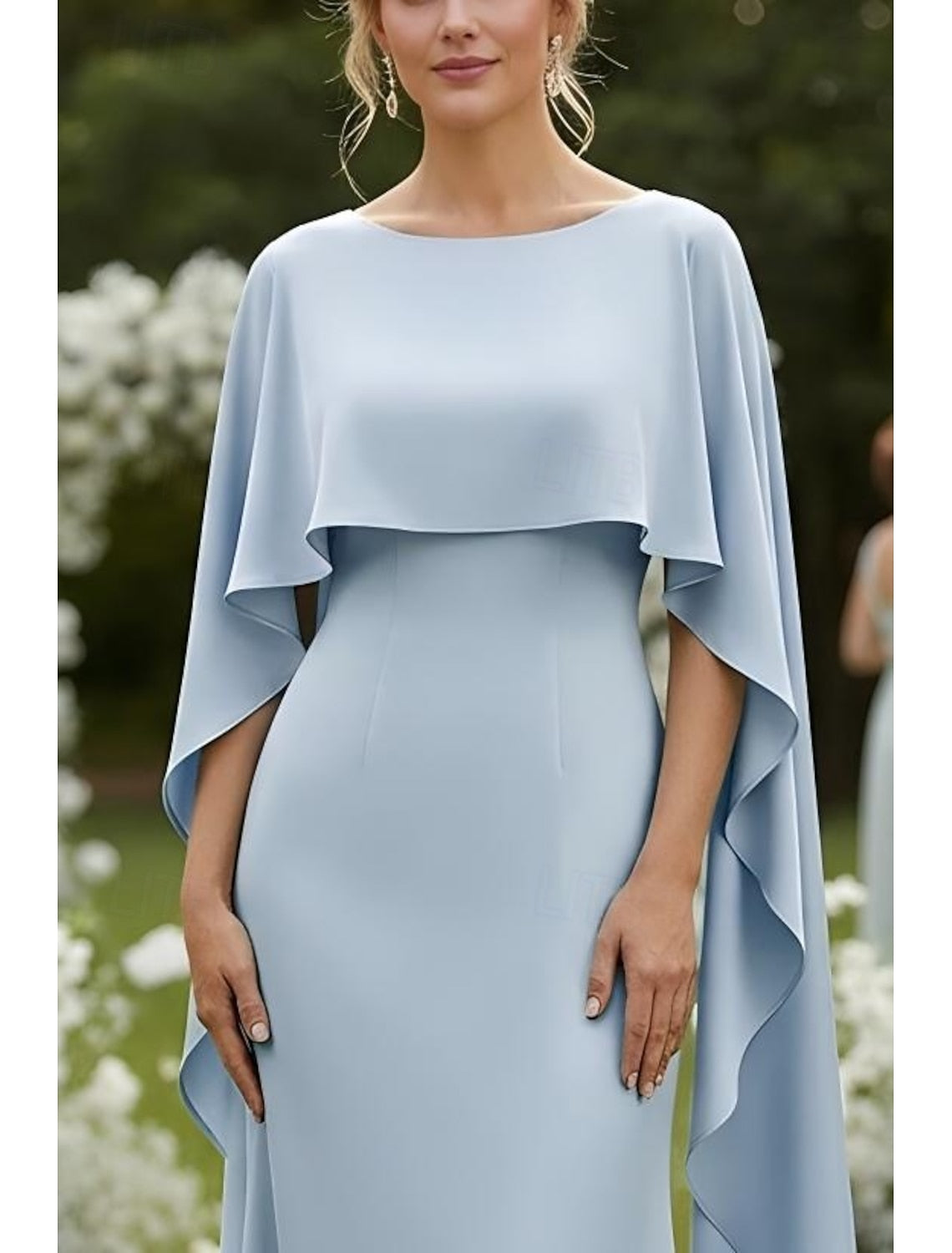 Blue Backless Cape Sleeve Mermaid Ruffle Formal Evening Dress