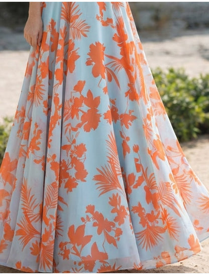V-Neck 3/4 Sleeve Flowers A-Line Floral Print Evening Dress
