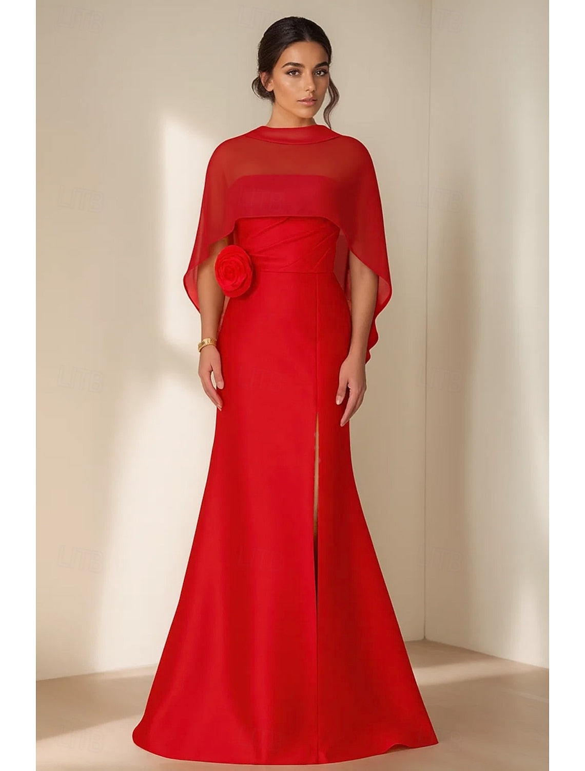 Shawl Flower Mermaid Side Slit Formal Women Evening Dress
