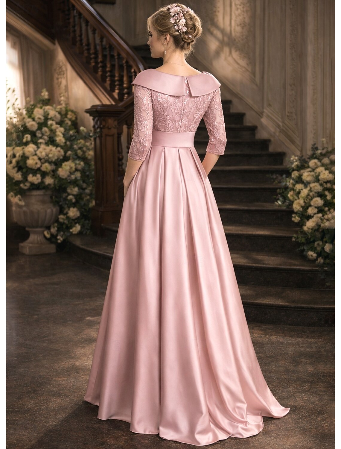 V-Neck 3/4 Sleeve Bow A-Line Lace Floor-Length Evening Dress