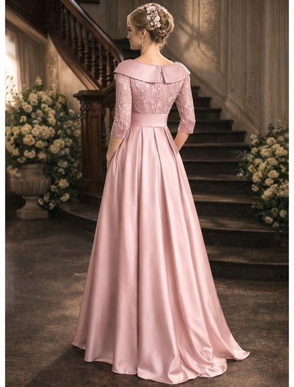 V-Neck 3/4 Sleeve Bow A-Line Lace Floor-Length Evening Dress
