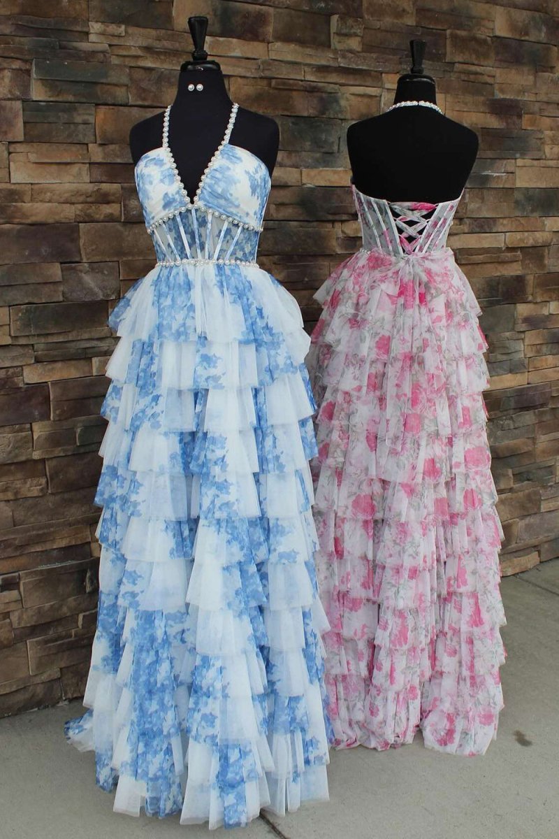 Blue – A Line Floral Tulle Halter Long Prom Dress with Ruffles and Beading