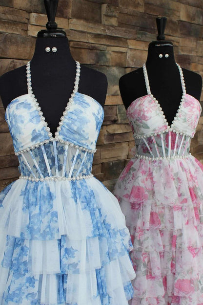 Blue – A Line Floral Tulle Halter Long Prom Dress with Ruffles and Beading