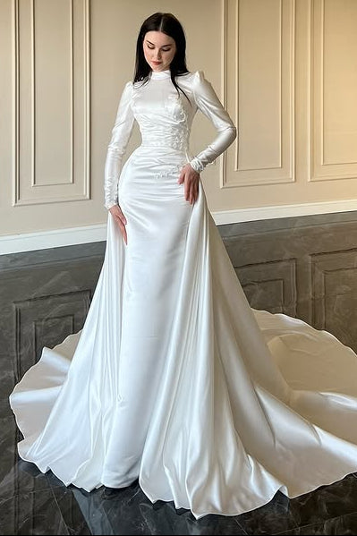 Applique High Neck Lon Sleeve Mermaid Court Train Floor-Length Wedding Dress