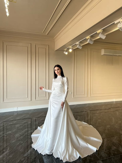 Applique High Neck Lon Sleeve Mermaid Court Train Floor-Length Wedding Dress
