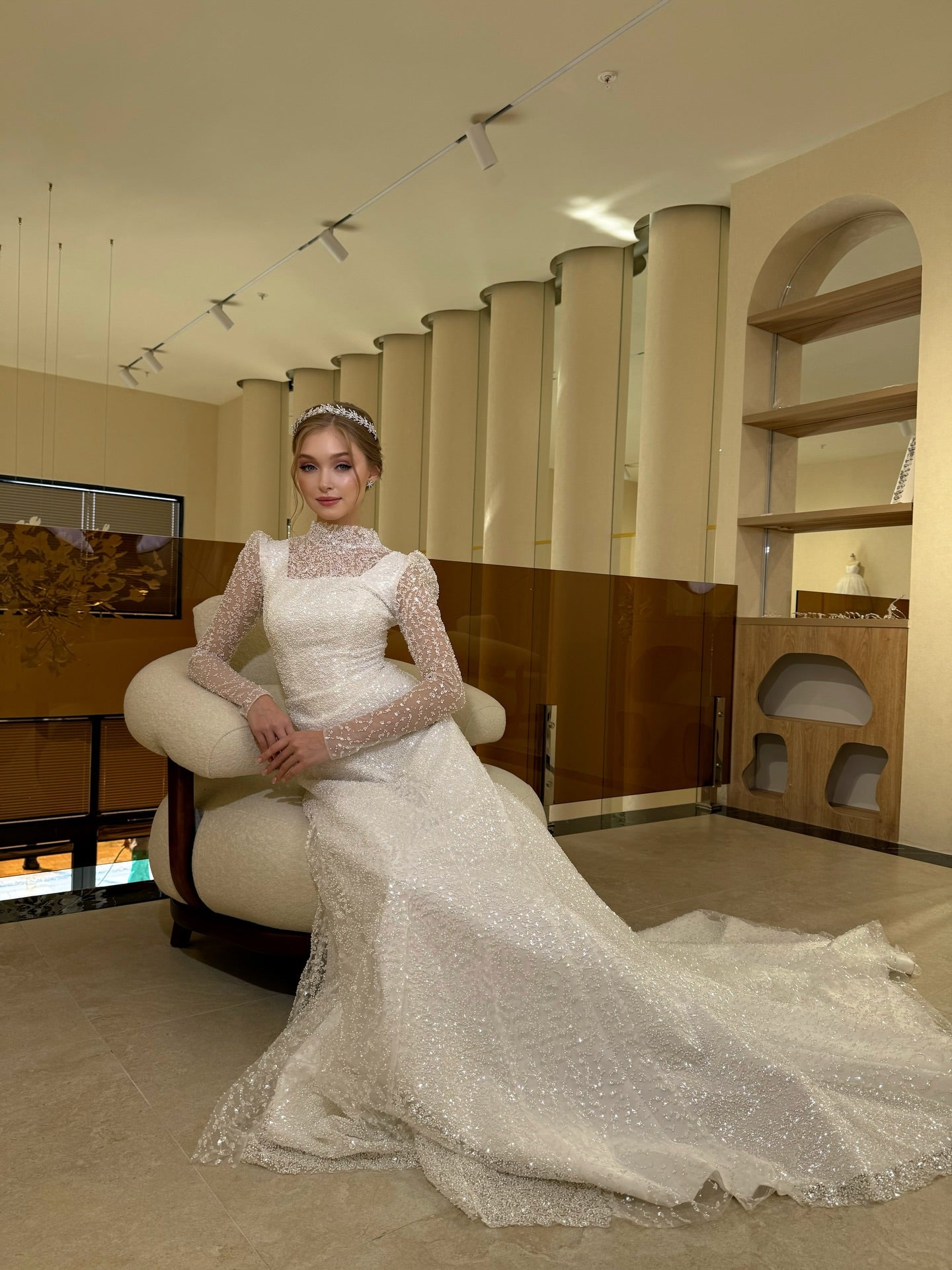 Sparkle Sequins High Neck Long Sleeve Mermaid Shawl Floor-Length Wedding Dress