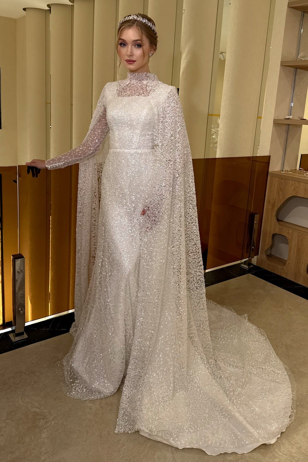 Sparkle Sequins High Neck Long Sleeve Mermaid Shawl Floor-Length Wedding Dress