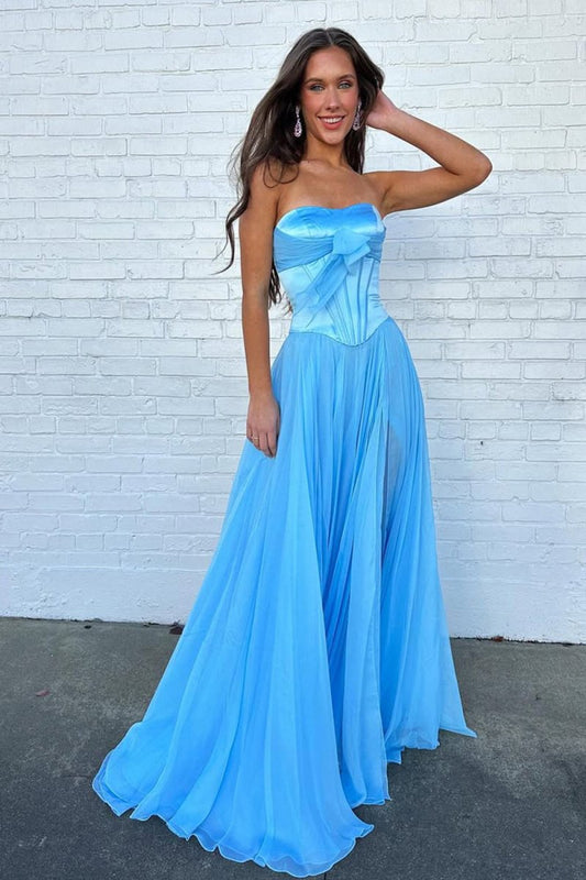 Blue - A Line Strapless Pleated Chiffon Long Prom Dress with Bow