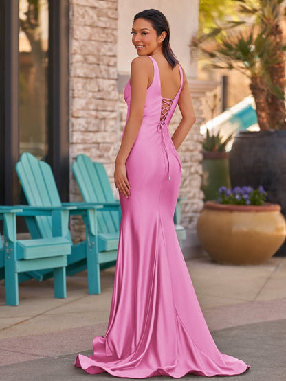 V Neck Pink Satin Mermaid Sleeveless Long Prom Dress