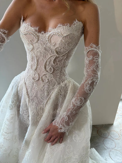 Detachable Lace Long Sleeve A-Line Floor-Length Wedding Dress