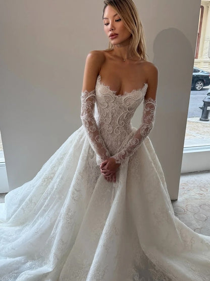Detachable Lace Long Sleeve A-Line Floor-Length Wedding Dress