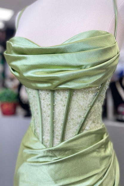 Sage Scoop Neck Satin Mermaid Long Prom Dress with Slit