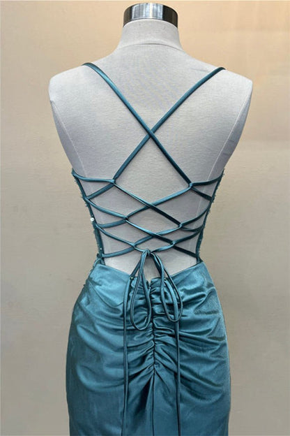 Sage Scoop Neck Satin Mermaid Long Prom Dress with Slit