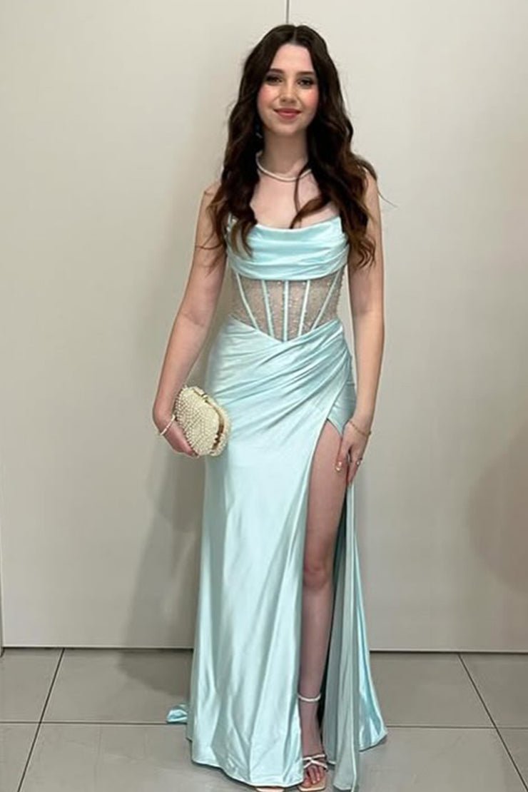 Sage Scoop Neck Satin Mermaid Long Prom Dress with Slit