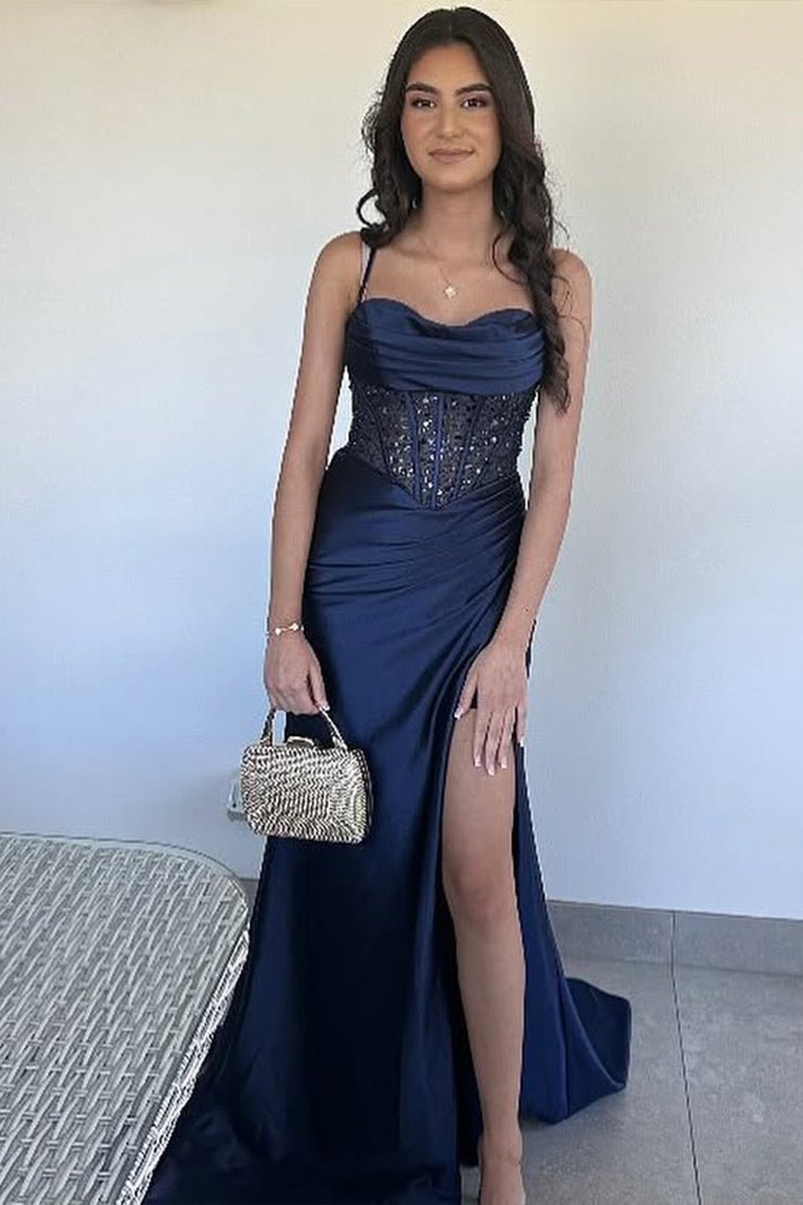 Sage Scoop Neck Satin Mermaid Long Prom Dress with Slit