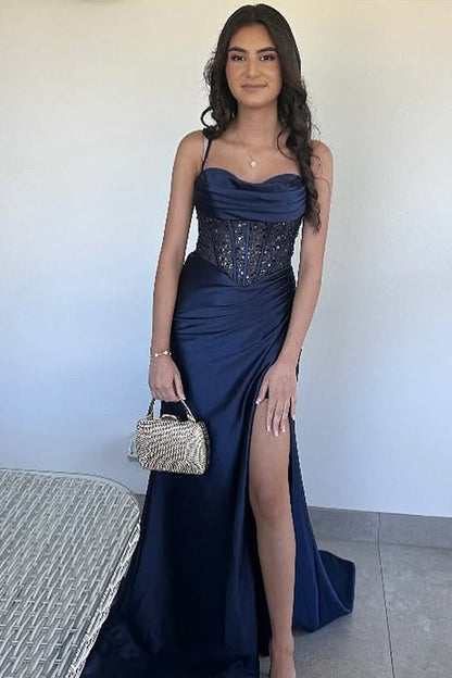 Sage Scoop Neck Satin Mermaid Long Prom Dress with Slit