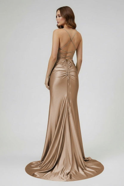 Sage Scoop Neck Satin Mermaid Long Prom Dress with Slit