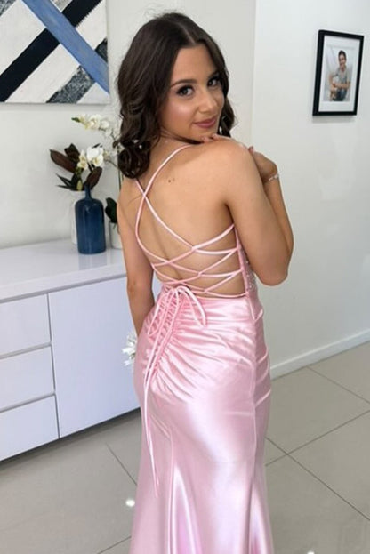 Sage Scoop Neck Satin Mermaid Long Prom Dress with Slit