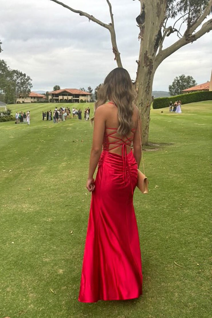 Sage Scoop Neck Satin Mermaid Long Prom Dress with Slit