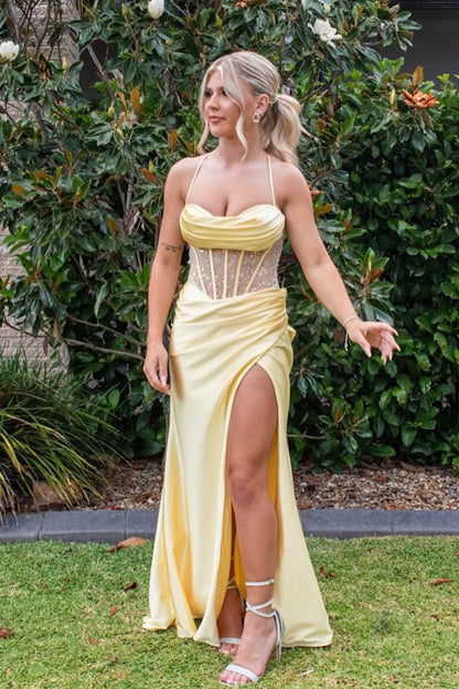 Sage Scoop Neck Satin Mermaid Long Prom Dress with Slit